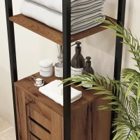 kleankin Mobile Colonna Bagno con 3 Ripiani Aperti, Porta a Doghe, Ripiani Regolabili, Stile Industriale, Marrone Rustico(m-4)