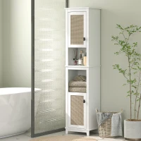 HOMCOM Colonna da Bagno con Ripiani Regolabili 2 Porte con Frontale in Rattan e 2 Compartimenti 40x30x167,5 cm Bianco(m-2)