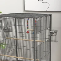PawHut Vogelkäfig aus Stahl und PP mit 5 Türen, 2 Sitzstangen und herausnehmbarem Tablett, 48x46x74 cm, Grau(m-4)