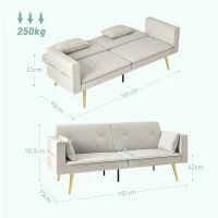 HOMCOM Canapé-lit 2 places, Dossier réglable, coussins moelleux, revêtement velours, pour salon, chambre d'amis, Beige(m-3)
