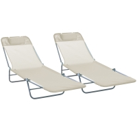 Outsunny Set 2 Tumbonas Plegables con Respaldo Reclinable a 4 Niveles, Metal y Tejido de Malla, Beige