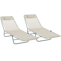 Outsunny Set 2 Tumbonas Plegables con Respaldo Reclinable a 4 Niveles, Metal y Tejido de Malla, Beige(m-1)