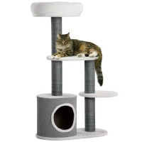 PawHut Arbre à Chat avec 1 Cachette pour Chat, 1 Lit pour Chat, 2 Plateformes, Poteaux en Corde de Jute, Blanc + Gris(m-6)