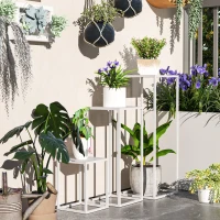 Outsunny Set de 3 soportes para plantas cuadrados de metal apilables interiores y exteriores, para jardín, balcón, casa, Blanco(m-5)