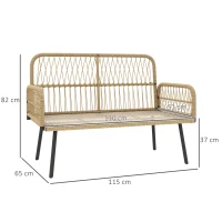 Outsunny Tuinbank met kussens en kussens 2-zitter van gevlochten riet, buitenbank met armleuningen natuurlijk hout(m-3)