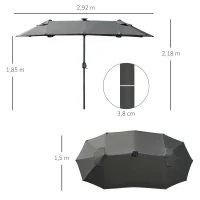 Outsunny Parasol doble, parasol de terraza, inclinable, con panel solar, 35 LED, marco de acero, Gris, 2,92x1,50x2,18 m(m-3)