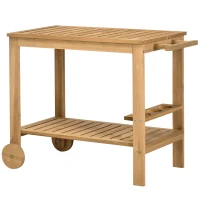 Outsunny Carrello da Giardino per Barbecue in Legno con Maniglia, 2 Ripiani e Porta Bottiglie, 95 x 47 x 74 cm, Legno naturale(m-5)