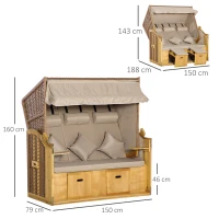 Outsunny Silla de playa Tumbona con Techo 2 Mesas Abatibles Reposapiés Tumbona Reclinable de 5 Posiciones Ratán Sintético 150x79x160 cm(m-3)