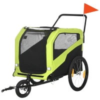 PawHut Remolque para Perros 2 en 1, Función de Empuje, 2 Entradas, Ventanas de Red, Parasol, Marco de Acero, Verde, 170x77x90 cm(m-7)