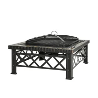 Outsunny 3-en-1 Foyer Mangeoire Brasero avec Grille Pare-étincelles Seau à Glace Jardin BBQ Noir 76cm x 76cm x 47cm(m-7)