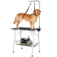 PawHut Table de toilettage pour chiens, table de coupe avec bras réglable, étagère de rangement, surface en caoutchouc, 90 x 60 x 76 cm, Noir(m-6)