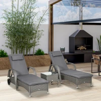 Outsunny Tumbona Mesa 3 Piezas Conjunto de Muebles de jardín Ratán Poliéster+Metal Gris+Grisoscuro(m-2)