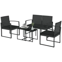 Outsunny Ensemble de Jardin avec 2 Chaises, Canapé et 2 Tables avec Coussins et Plateau en Verre, Noir(m-1)