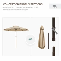 Outsunny Sombrilla de jardín 2,63 m en metal Redonda Poliéster 180g/m² manivela inclinable Beige(m-4)