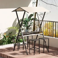 Outsunny Set di Mobili da Bar per Rsterni, Design in Rattan, 4 Sgabelli da Bar e 1 Alto Tavolo da Bar, con Tetto, Telaio in Metallo, Nero e Khaki(m-2)