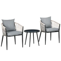Outsunny Set da Giardino 2 Persone da 3 Pezzi, 2 Poltrone con Cuscini, Tavolino Rotondo con Piano in Vetro Temperato, Corda Intrecciata, Grigio(m-5)