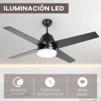 HOMCOM Ventilador de Techo con Luz 46W Ø129 cm Motor DC con 4 Aspas Reversibles Mando a Distancia y Temporizador Negro(m-7)
