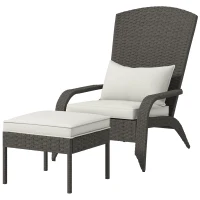 Outsunny Gartenstuhl mit Fußhocker und gepolsterten Kissen, aus Rattan und Stahl, 64x82x89 cm, Grau und Creme(m-1)