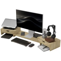 HOMCOM Rialzo per Monitor per Ufficio, Supporto per Schermo PC da 60-116 cm con 2 Cassetti, Lunghezza e Angolo Regolabili, Rovere(m-5)