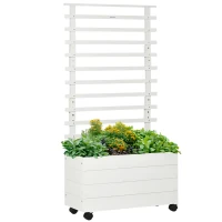 Outsunny Jardinière Verticale avec 4 Roues et Treillis pour Plantes Grimpantes en Bois, 76x30x155cm, Blanc(m-5)