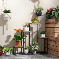 Outsunny Estantería de plantas estantería de flores de metal y madera 4 niveles de diferentes alturas estilo industrial 80x20x74 cm(m-2)