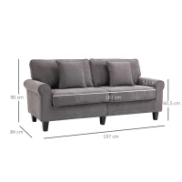 HOMCOM 3-Sitzer-Sofa aus geripptem Samtstoff, Sofa für Wohnzimmer, 197 cm, mit gepolsterten Armlehnen und Rückenlehne, Sofa mit 2 Kissen, massiven Pinienholzbeinen, für Wohnzimmer, Schlafzimmer, Büro, Grau(m-3)