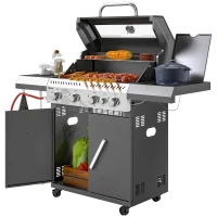 Outsunny 4+1 Burner Gas BBQ Grill with Clear View Lid, Portable Gas Barbecue Grill with Built-in Thermometer, Side Table, Cabinet, Wheels, Grease Tray for Garden Party Outdoor Cooking, Black(m-11)