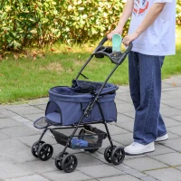 PawHut Faltbarer Haustierkinderwagen Buggy für Hund Katze mit Aufbewahrungskorb und Becherhalter aus wasserdichtem 300D Oxford(4 Räder, Dunkelblau)(m-5)