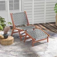 Outsunny Poltrona da Giardino con Poggiapiedi, Sedia Relax in Legno di Acacia e Corda Rattan Sintetico, Naturale e Grigio(m-2)