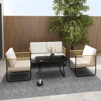 Outsunny Conjunto de salón de jardín 4 piezas con sofá de 2 plazas 2 sillones 1 mesa de centro de vidrio y cojines - Crema Blanco(m-5)