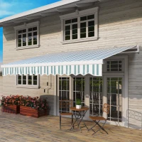 Outsunny handmatige knikarmluifel 4m met handslinger balkonluifel zonwering wandmontage balkon aluminium wit + groen 395 x 245 cm(m-10)