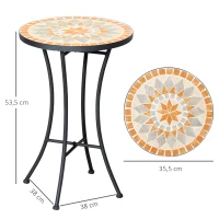 Outsunny Table d'appoint de jardin Ø35,5cm Ronde résistante aux intempéries de style mosaïque Table de camping en métal pour le salon, le bureau, l'extérieur et l'intérieur Jaune+Gris(m-3)