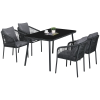 Outsunny Gartenmöbel-Salon 4 Personen aus PE-Rattan mit stapelbaren Stühlen und Kissen, gehärtete Glasplatte, Aluminiumrahmen