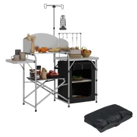 Outsunny Mobile da Cucina per il Campeggio con Ripostiglio, Tavolo da Esterno Pieghevole Portatile in Alluminio con Borsa per il Trasporto, Argento(m-1)