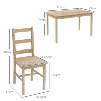 HOMCOM Conjunto de Comedor de 5 Piezas Mesa con Sillas Conjunto de Asientos Madera Maciza 118x73x75 cm Natural(m-3)