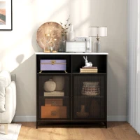 HOMCOM Mueble de Almacenamiento Buffet con acabado de mármol y doble puerta de rejilla 86x40x90 cm Blanco y Negro(m-2)