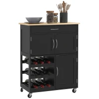 HOMCOM Küchenwagen aus Holz mit Flaschenregal, 3 Türen und Schublade, 67x37x87 cm, Schwarz und Eiche(m-5)