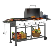 Outsunny Deluxe Duo Gas BBQ, with Grill, Plancha and Side Burner - Black(m-10)