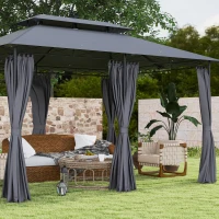 Outsunny Toldo de jardín exterior carpa 3x4 m con mosquitera y luces LED solares, doble techo, Gris(m-5)