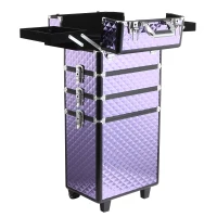 HOMCOM Professioneller Make-up-Trolley, Reise-Make-up-Koffer aus Aluminium, 2 Räder, Violett 33,5x23x76/95,5 cm(m-3)