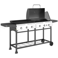 Outsunny Deluxe Duo Gas BBQ, with Grill, Plancha and Side Burner - Black(m-1)