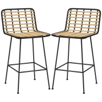 HOMCOM Conjunto de 2 taburetes de bar silla alta diseño bohemio Altura 66 cm con reposapiés acero Negro asiento mimbre PE(m-7)