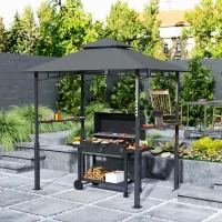 Outsunny Pérgola de barbacoa de dos niveles toldo de recepción para jardín con luz LED 240x150x250 cm Gris oscuro(m-2)