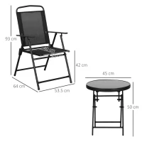 Outsunny Conjunto bistró de jardín 3 piezas 2 sillas + mesa de Café redonda vidrio templado plegable metal epoxi tela de malla(m-3)