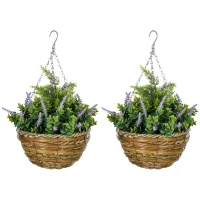 Outsunny Conjunto de Plantas Artificiales de Lavanda con Maceta y Gancho en PE y Mimbre 25x34 cm Verde y Violeta(m-6)