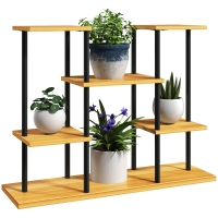 Outsunny Supporto Piante Interno Mensola Piante a 6 Livelli, Telaio in Acciaio, Base in Legno Massiccio, 80 x 24 x 61,5 cm, Legno Naturale