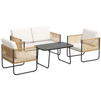 Outsunny Conjunto de salón de jardín 4 piezas con sofá de 2 plazas 2 sillones 1 mesa de centro de vidrio y cojines - Crema Blanco(m-1)
