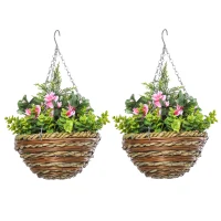 Outsunny Set 2 Künstliche Lisianthus-Pflanzen mit Korb und Haken, Kunststoffpflanzen aus PE und Weide, Ø25x34 cm, Grün und Rosa(m-1)