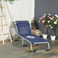 Outsunny Chaise Longue de Jardin extérieure Pliable avec Appui-tête, Transat de Jardin avec Dossier Réglable en Aluminium 60x165x76cm Bleu Foncé(m-2)
