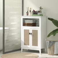HOMCOM Mobile Bagno con 2 Porte Frontali in Rattan Scaffale Regolabile e Vano Aperto 60x30x90 cm Bianco(m-2)